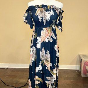 Showpo - Size Small - Blue Floral Off Shoulder Long Dress